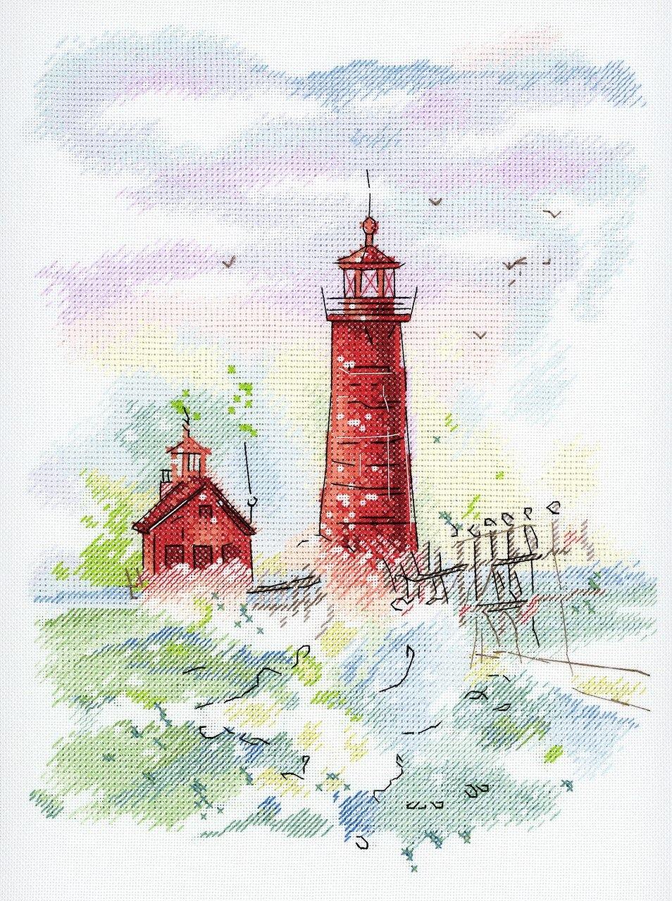 Sea Harbour SA-005 Cross-stitch kit featuring a vibrant marine landscape with a lighthouse, ocean, and violet sky.